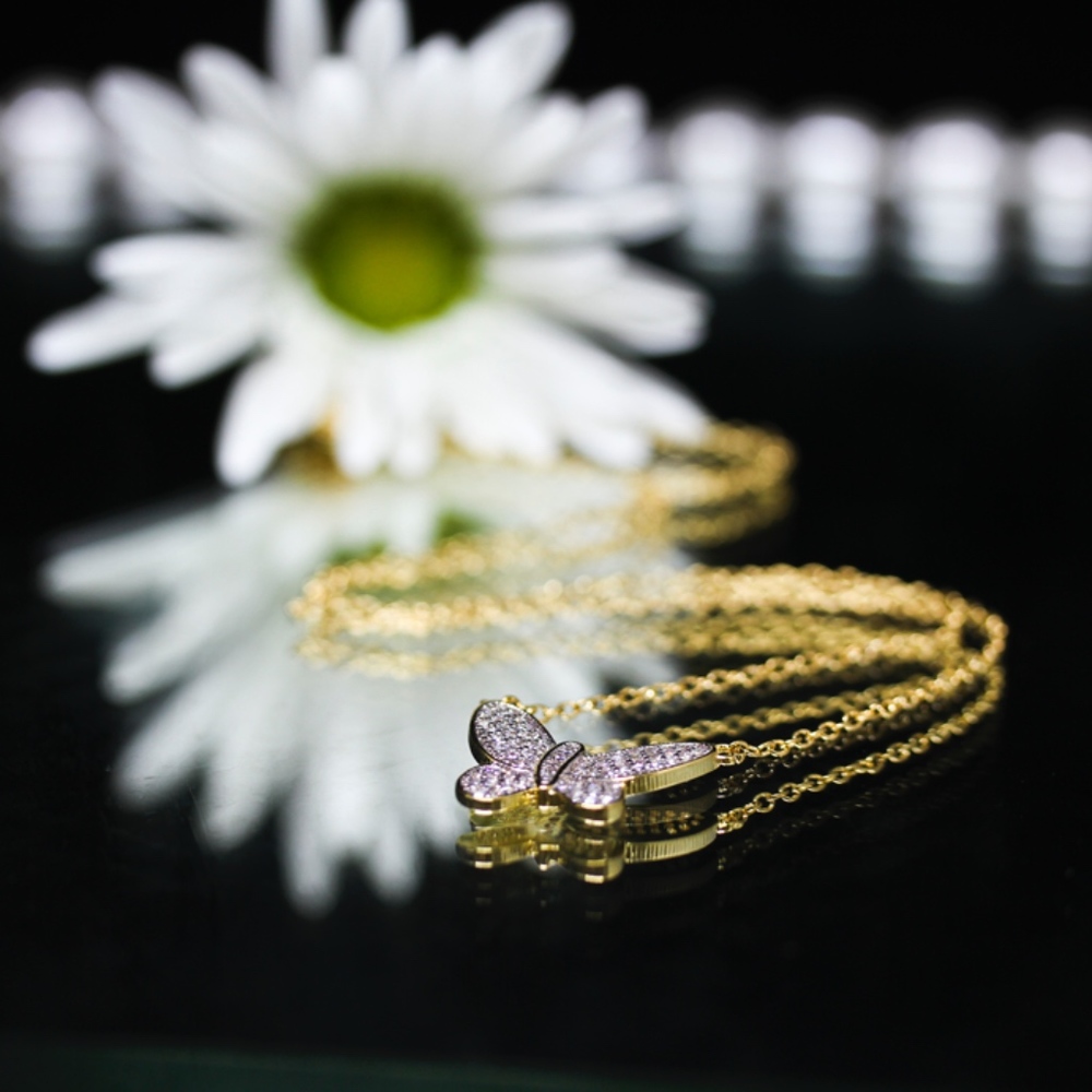 18KT Gold Dipped White CZ Pave Butterfly Necklace - Picture 4 of 8